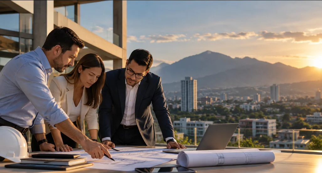 Equipo profesional trabajando en la planificación de un proyecto inmobiliario en Honduras.