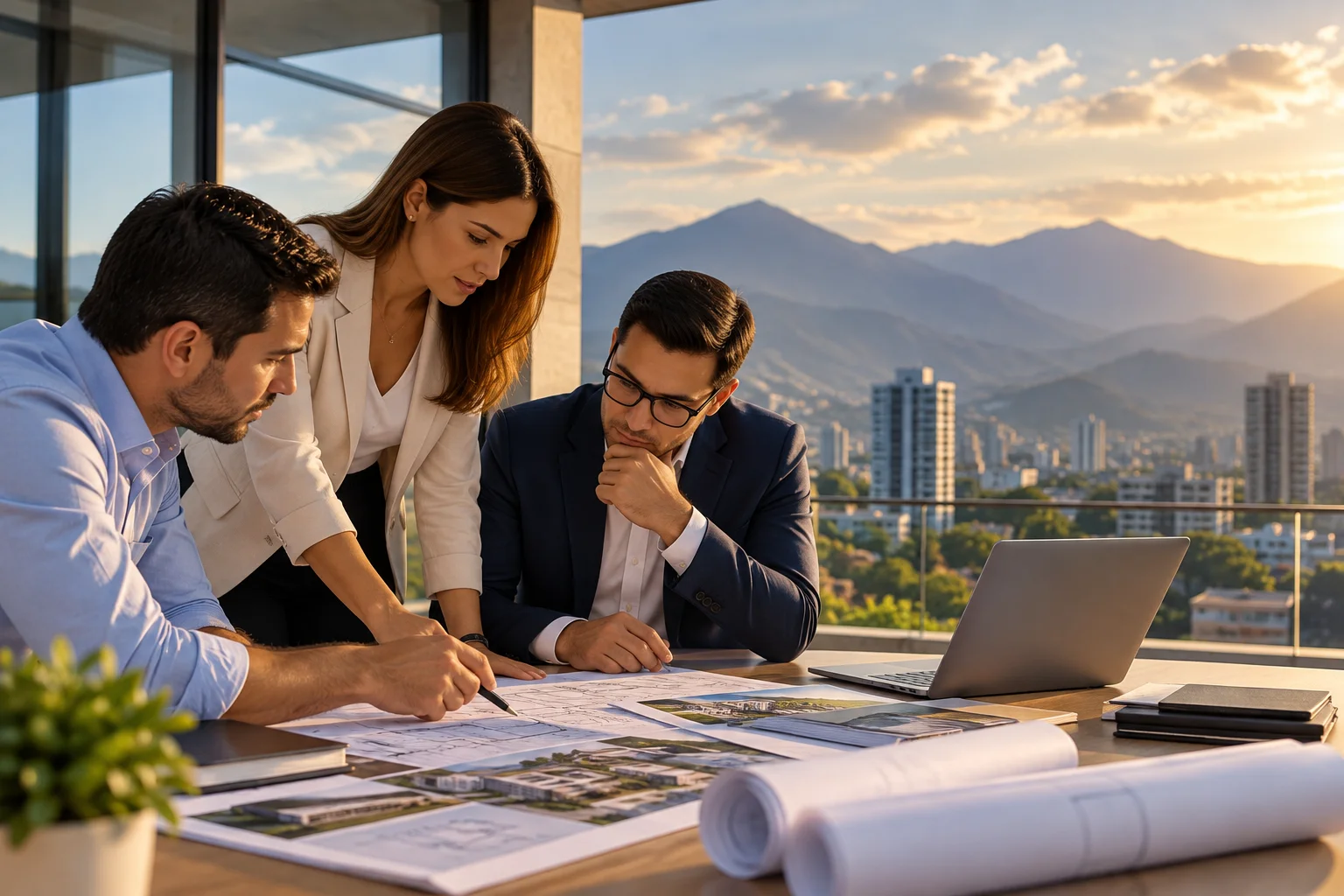 Equipo profesional planificando un proyecto inmobiliario con orden, seguimiento y disciplina.