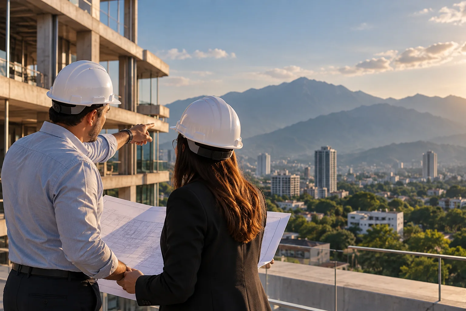 Profesionales evaluando un proyecto inmobiliario con transparencia e integridad en Honduras.